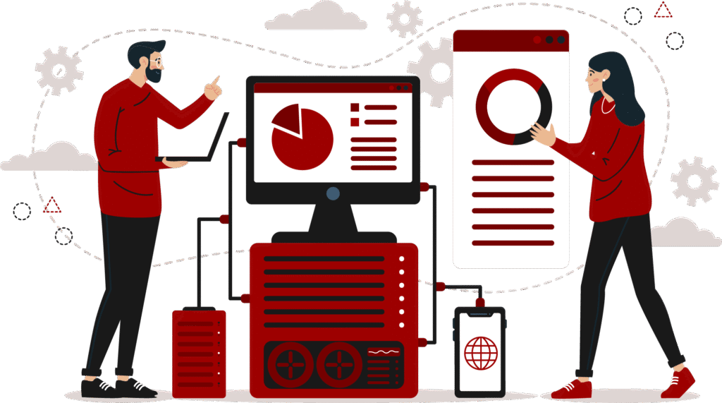 Illustration of a man and woman analyzing visual data charts on interconnected computers and mobile devices, representing data analytics, secure connectivity, and identity management (IDM) technologies.