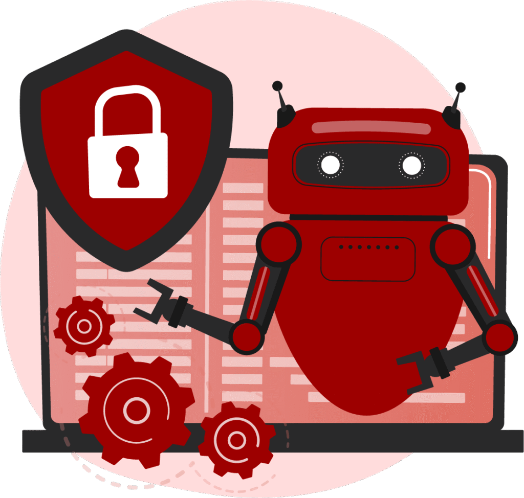 Illustration of a robot with a shield and padlock symbolizing automated security.